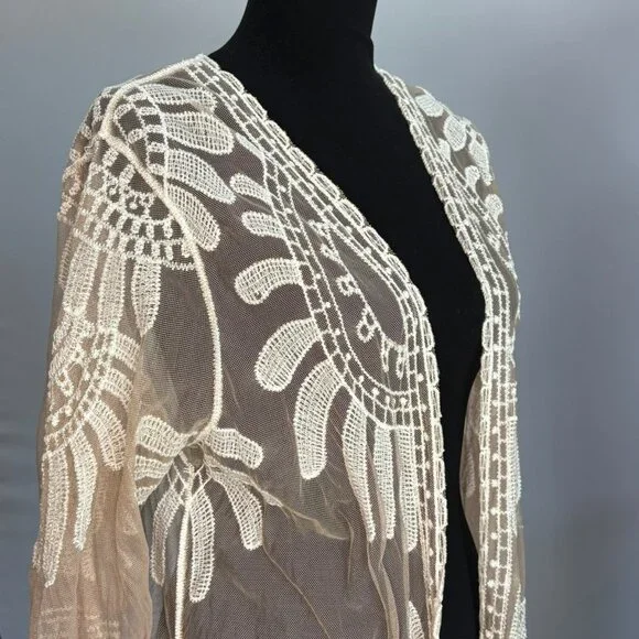 Beige Sheer Lace Duster With Intricate Embroidery Open Front Kimono Style Cover - Picture 2 of 7